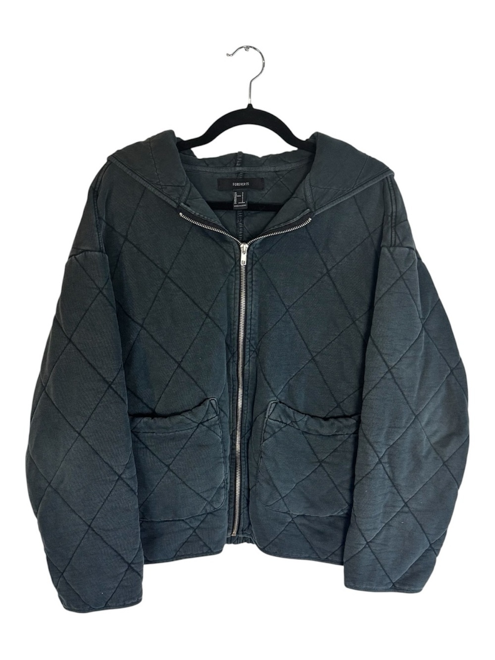 Forever 21 Quilted Hooded Zip Jacket in Charcoal Gray